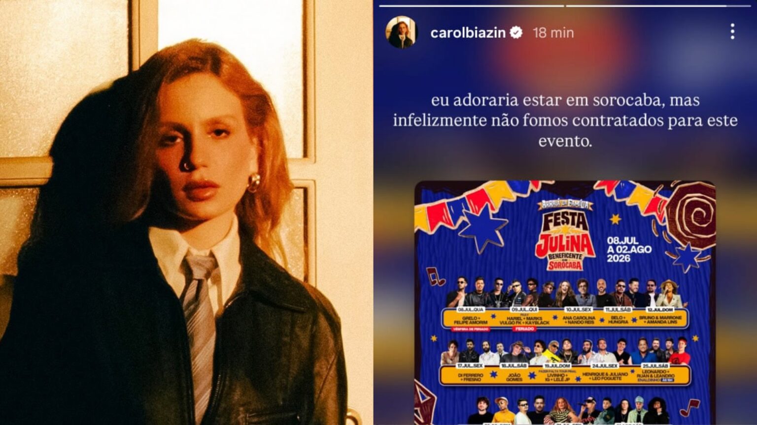Carol Biazin se Pronuncia Sobre Show na Festa Julina de Sorocaba