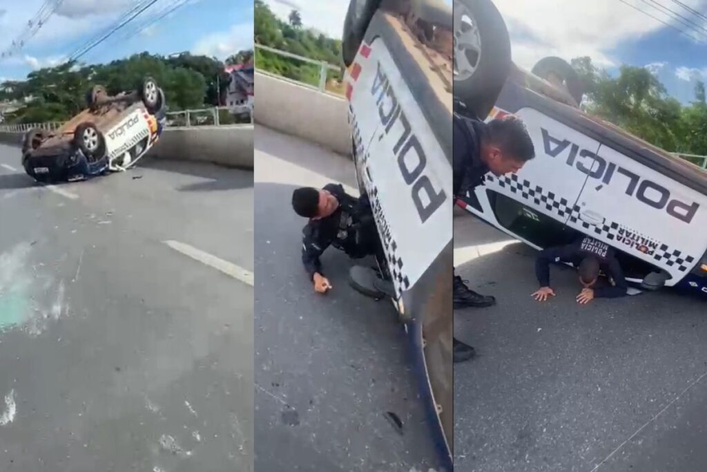 Viatura da PM Capota em Ponte entre Cuiabá e Várzea Grande e Chama Atenção de Motoristas Viatura da PM Capota em Ponte entre Cuiabá e Várzea Grande e Chama Atenção de Motoristas